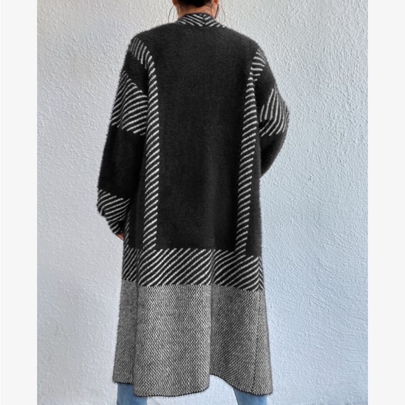 Oversized Color Block Stripes Fuzzy Open Front Duster Sweater Cardigan - Picture 6 of 15